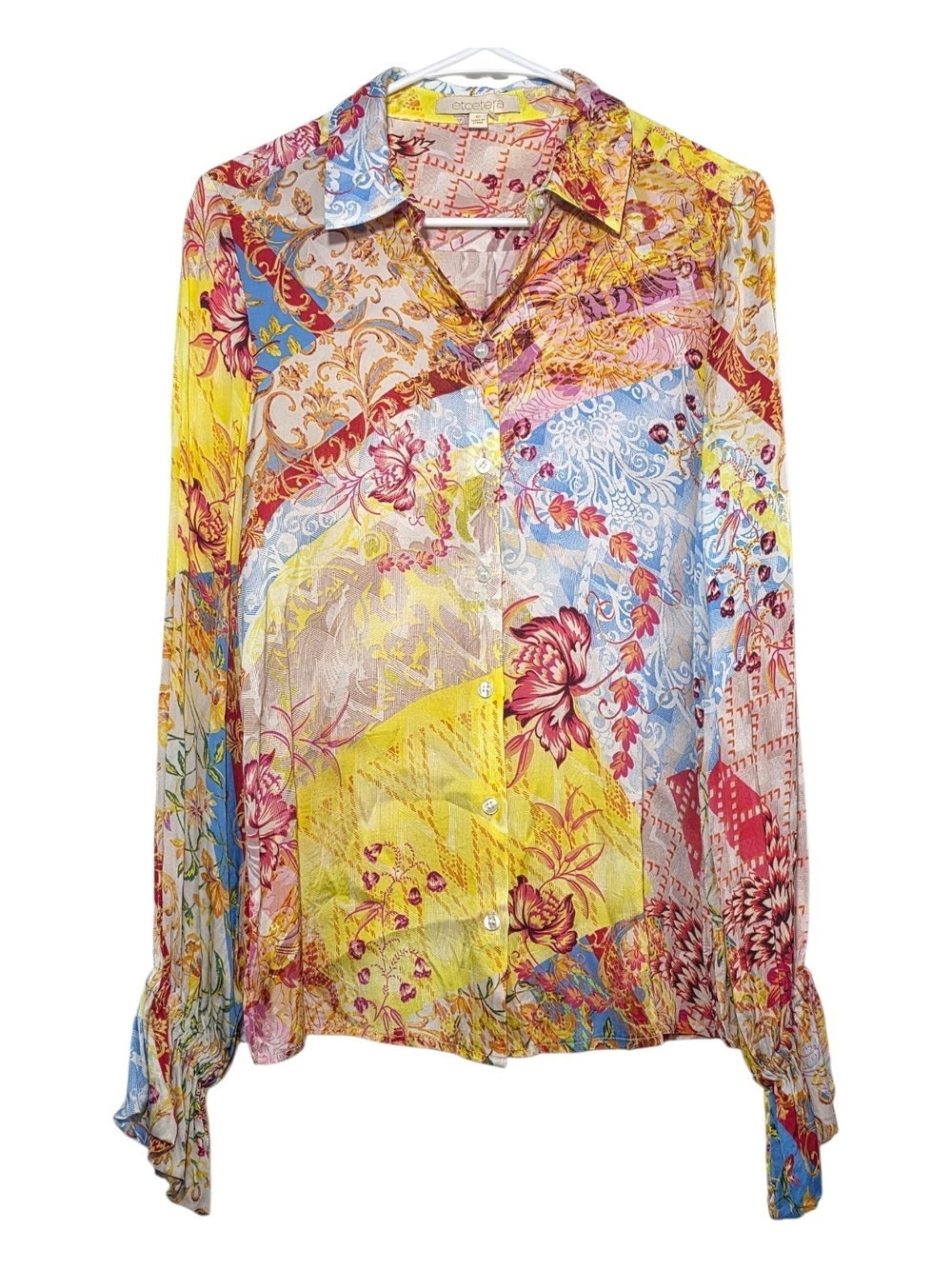 Etcetera Colorful Floral Patchwork Button-Up Blouse Yellow Multi 8